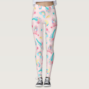 Cute Rosa Teal Unicorn Rainbow Blommigt Stars Leggings