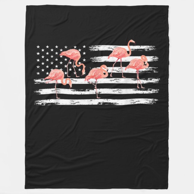 Cute Rosa Tecknad Flamingo USA flagga 4 juli Fleecefilt (Framsidan)