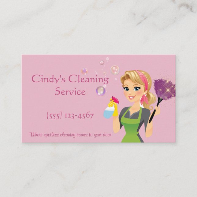 Cute Rosa Tecknad Maid House Städning Services Visitkort (Framsida)