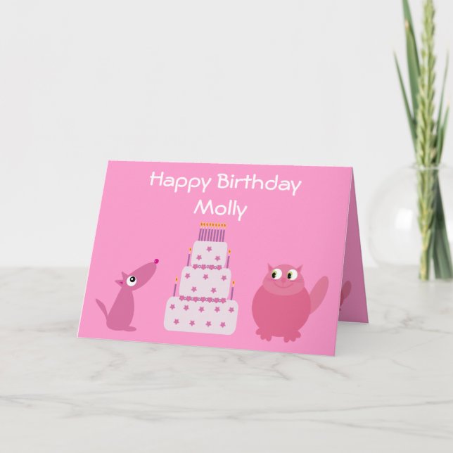 Cute Rosa Tecknad Pets & Birday Cake Card Kort (Framsida)