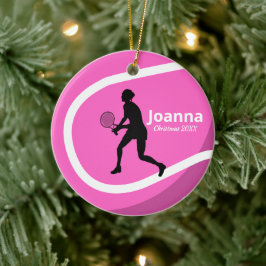 Cute Rosa Tennis Boll & Girl Player Coach Sporty Julgransprydnad Keramik