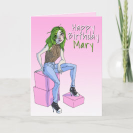 Cute Rosa Tonåring Flickillustration på födelsedag Kort