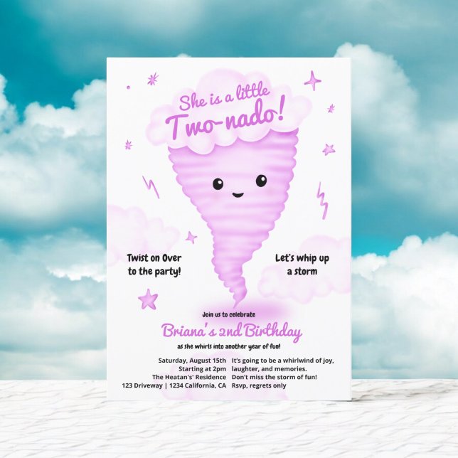 Cute Rosa Tornado: Andra födelsedag: Kids party Inbjudningar (Cute Pink Tornado Themed 2nd Birthday Kids party Invitation)