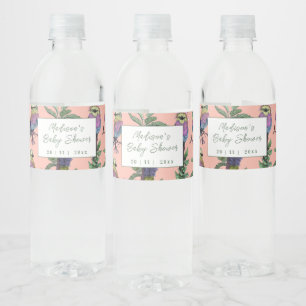 Cute Rosa Tropical Bird Safari Baby Shower Vattenflaskor Etikett