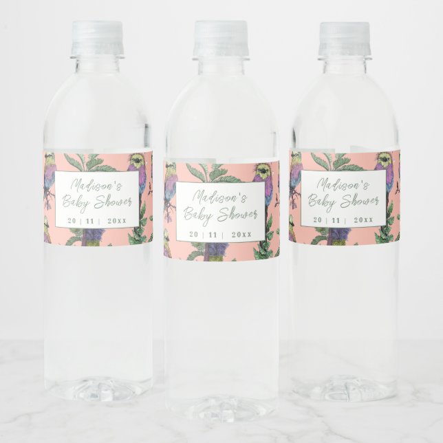 Cute Rosa Tropical Bird Safari Baby Shower Vattenflaskor Etikett (Flaskor)