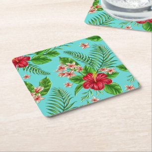 Cute Rosa Tropical Hibiscus blomstrar på turkos Underlägg Papper Kvadrat