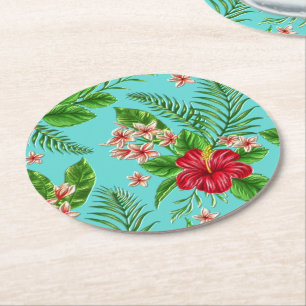 Cute Rosa Tropical Hibiscus blomstrar på turkos Underlägg Papper Rund