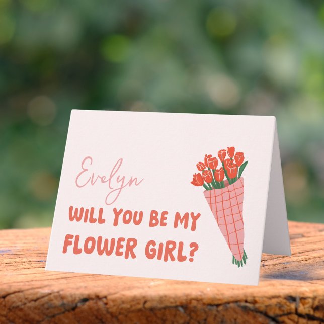 Cute Rosa Tulips Personlig Flower Girl Frieri Kort (Ask your little flower girl in the cutest way with this personalized card featuring sweet flowers.)