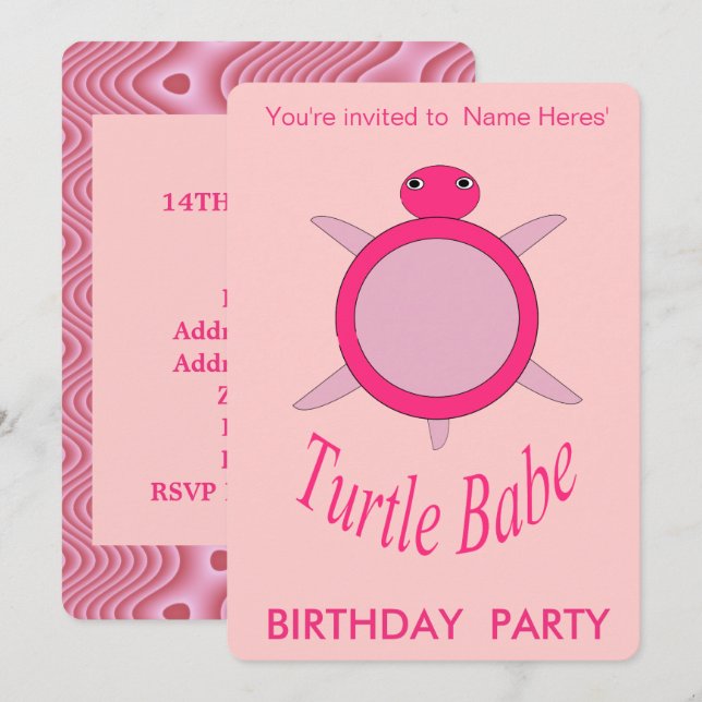 Cute Rosa Turtle Babe Födelsedagsfest inbjudan (Fram/baksida)