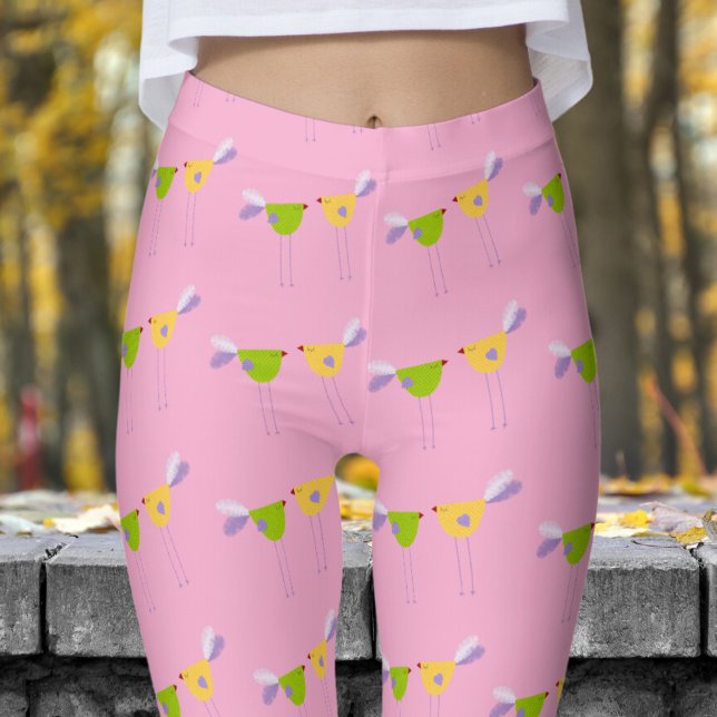 Cute Rosa Två lilla fåglar Mönster Leggings (Two Little Birds on Light Pink)