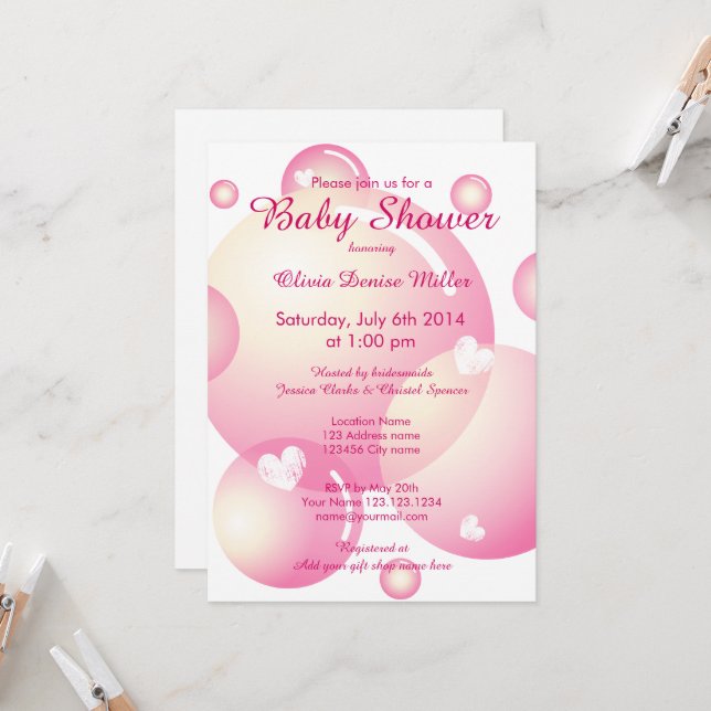 Cute rosa-tvålbubblor Flickans babydusch party Inbjudningar (Fram/Back In Situ)