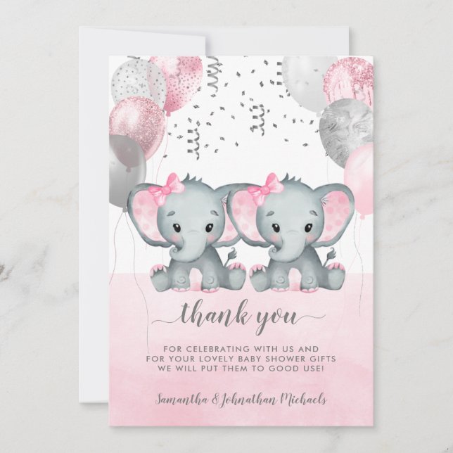 Cute Rosa Twin Girl Elephant Ballodes Baby Shower Tack Kort (Framsida)