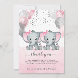 Cute Rosa Twin Girl Elephant Ballodes Baby Shower Tack Kort