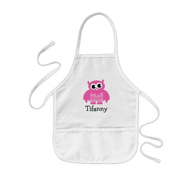 Cute rosa uggla apron för barn | Anpassningsbar na Barnförkläde (Framsidan)