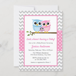 Cute Rosa Uggla Family Grått Chevron Girl Baby Sho Inbjudningar