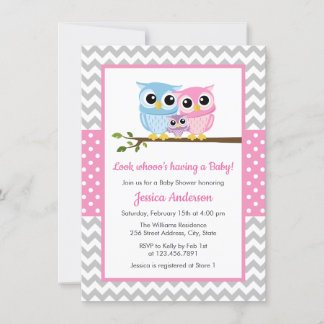Cute Rosa Uggla Family Grått Chevron Girl Baby Sho Inbjudningar