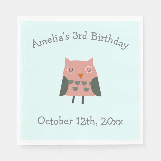 Cute Rosa Uggla Födelsedagsfest Pappersservett (Framsidan)