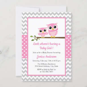 Cute Rosa Uggla Grått Chevron Girl Baby Shower Inbjudningar