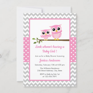Cute Rosa Uggla Grått Chevron Girl Baby Shower Inbjudningar