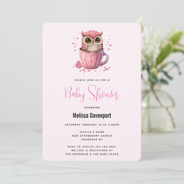 Cute Rosa Uggla i en Kopp Baby Shower Inbjudningar (Stående Fram)