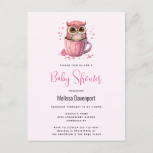 Cute Rosa Uggla i en Kopp Baby Shower Vykort