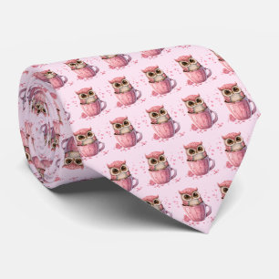 Cute Rosa Uggla i Kopp Alla hjärtans Mönster Slips