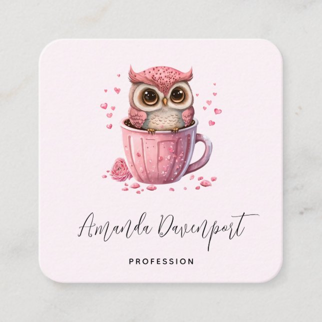 Cute Rosa Uggla i Kopp Fyrkantigt Visitkort (Framsida)