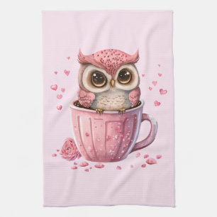 Cute Rosa Uggla i Kopp Kökshandduk