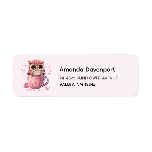 Cute Rosa Uggla i Kopp Returadress Etikett (Framsidan)