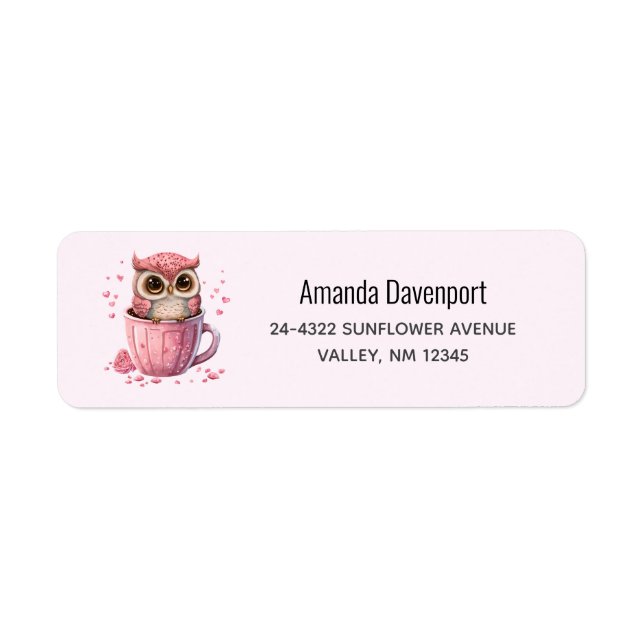 Cute Rosa Uggla i Kopp Returadress Etikett (Framsidan)