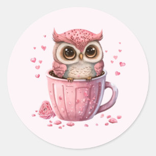 Cute Rosa Uggla i Kopp Runt Klistermärke