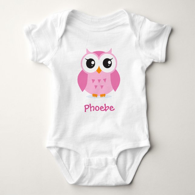 Cute rosa uggla tecknad personlig baby t-shirt (Framsida)