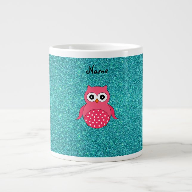 Cute rosa uggla-turkos glitter jumbo mugg (Framsidan)