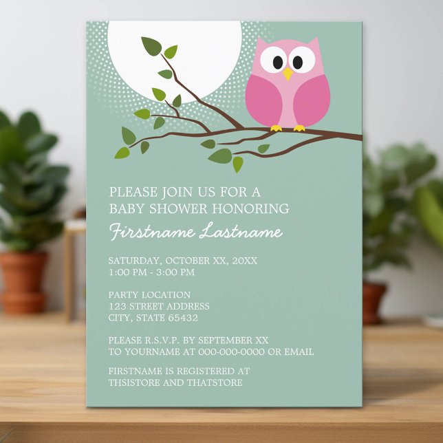 Cute Rosa Uggla vid Gren Flicka Shower Inbjudningar (Custom Invitation with Download Option)