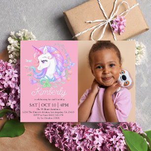 Cute Rosa Unicorn All Ages Photo Barns födelsedag Inbjudningar