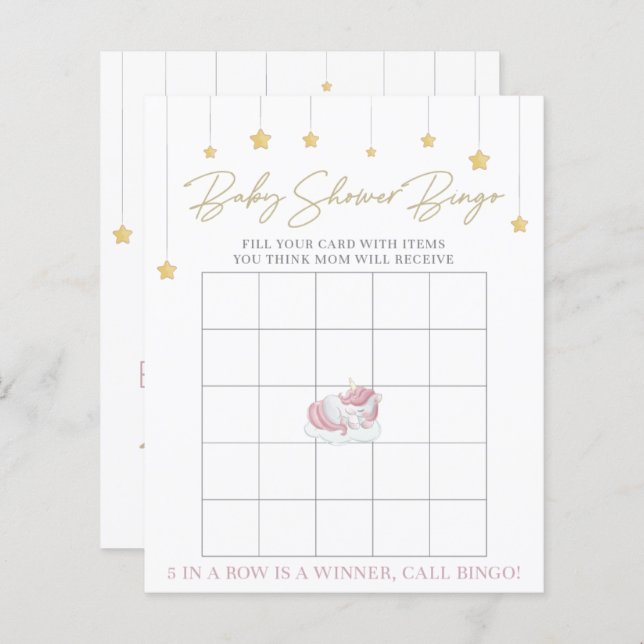 Cute Rosa Unicorn Baby Shower Bingo Game (Fram/baksida)