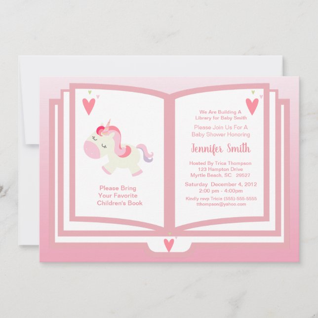 Cute Rosa Unicorn Bok Theme Girls Baby Shower Inbjudningar (Framsida)