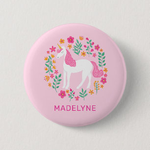 Cute Rosa Unicorn Flowers Namn bricka Knapp