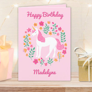 Cute Rosa Unicorn Flowers Personlig Birday Kort