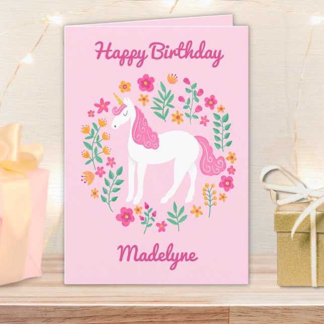 Cute Rosa Unicorn Flowers Personlig Birday Kort (Skapare uppladdad)