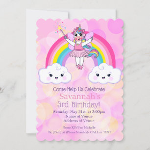 Cute Rosa Unicorn Födelsedagsfest inbjudan