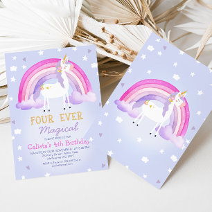 Cute Rosa Unicorn Fyra gånger magiska 4e födelseda Inbjudningar