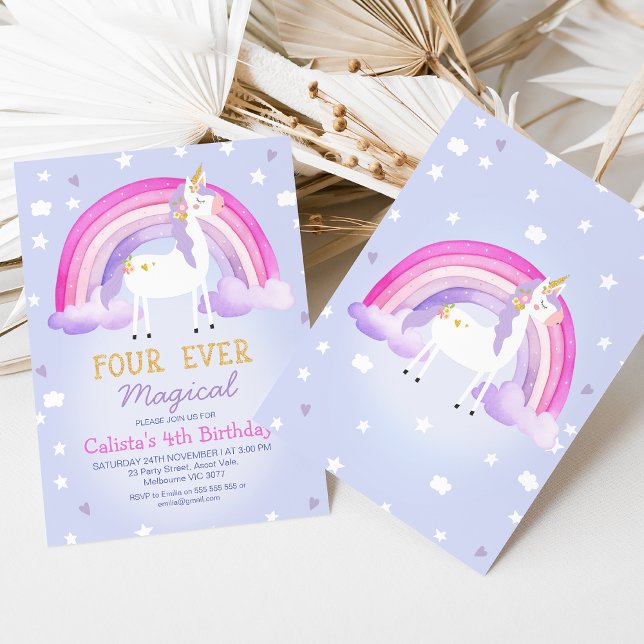 Cute Rosa Unicorn Fyra gånger magiska 4e födelseda Inbjudningar (Four Ever Magical 4th Birthday Invitation Template Purple, Rainbow Unicorn 4th Birthday Invitation )