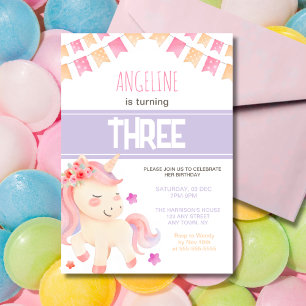 Cute Rosa Unicorn Girl Birthday Inbjudningar