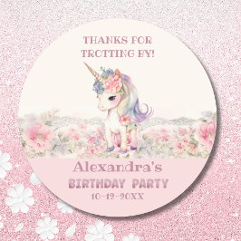 Cute Rosa Unicorn Girl Birthday Tack Runt Klistermärke