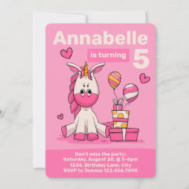 Cute Rosa Unicorn Girl Födelsedagsfest Inbjudningar