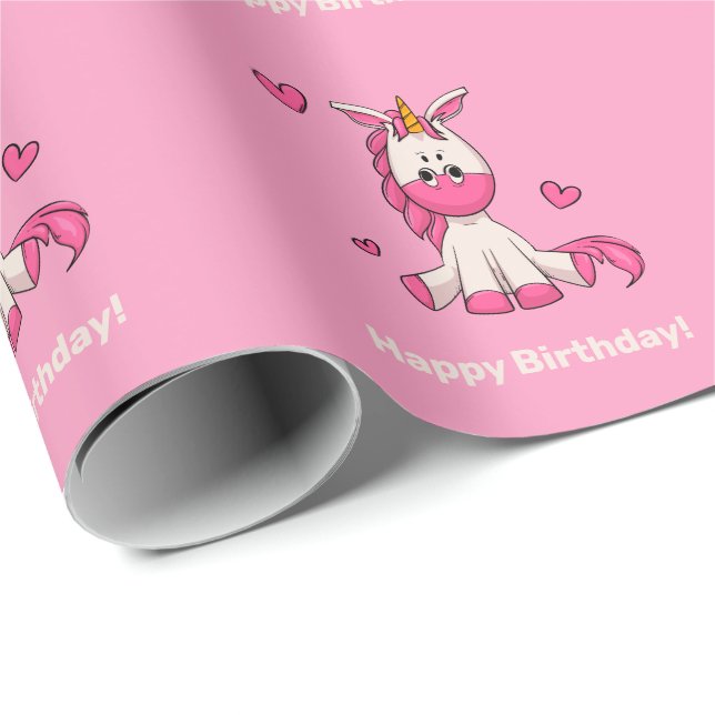 Cute Rosa Unicorn Girl Födelsedagsfest Presentpapper (Rullad Hörn)