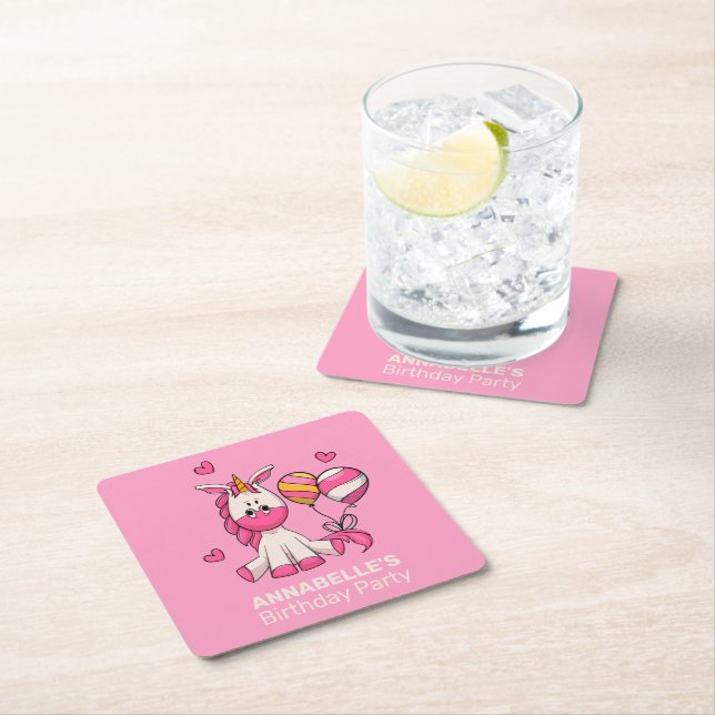 Cute Rosa Unicorn Girl Födelsedagsfest Underlägg Papper Kvadrat (Insitu)