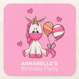 Cute Rosa Unicorn Girl Födelsedagsfest Underlägg Papper Kvadrat