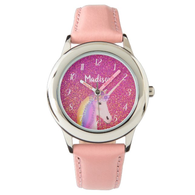 Cute Rosa Unicorn Glitter Personlig Kids Armbandsur (Framsida)